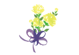 紫のリボンをつけた黄色いバラ