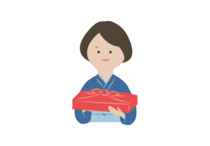 お中元を持つ和服の女性