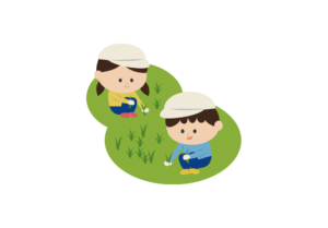 草むしりをする男の子と女の子