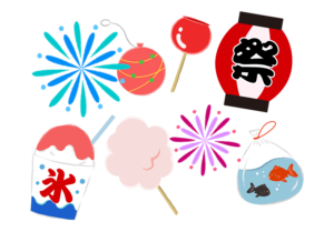 夏祭りの定番セットを集めたイラスト