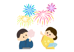 花火を観賞する男の子と女の子のイラスト