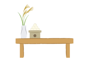 長椅子にのせたススキとお団子のイラスト