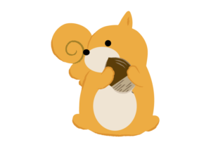 どんぐりを持つ横向きのリス