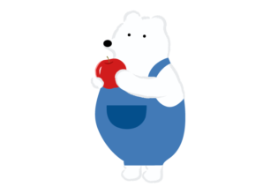 リンゴを持ったオーバーオール姿のシロクマ