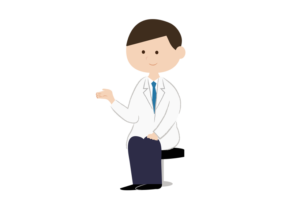 座って手のひらの上にし案内のポーズを取る男性医師