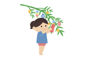 七夕の短冊を飾る女の子のイラスト