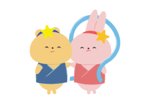 クマの彦星とウサギの織姫が仲良く手を繋いでいるイラスト