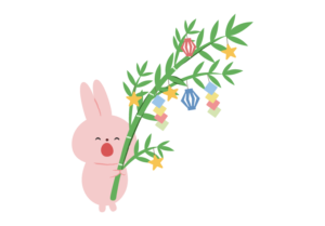 七夕飾りをつけた笹を持つウサギのイラスト