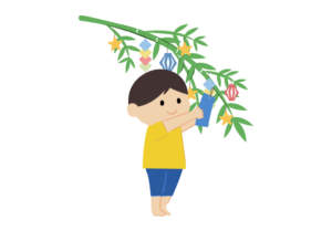 七夕の短冊を飾る男の子のイラスト