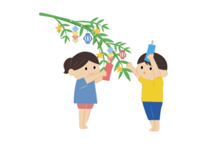 七夕の短冊や願い事を飾る子どもたちのイラスト