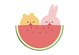 スイカを食べるウサギとクマのイラスト