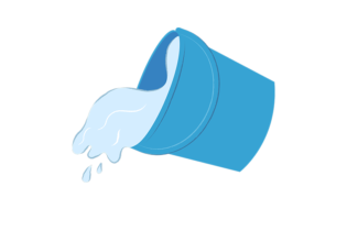 青いバケツから水がこぼれる様子のイラスト