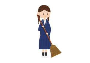 ホウキを使って掃除をする女子生徒のイラスト
