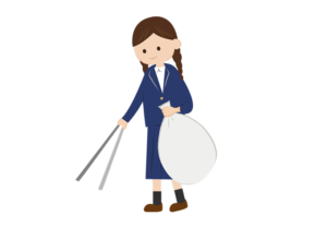 トングを使ってゴミ拾いをする女子生徒のイラスト