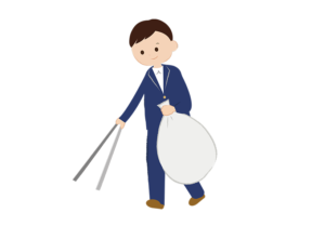 トングを使ってゴミ拾いをする男子生徒のイラスト