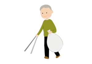トングを使ってゴミ拾いをする年配男性のイラスト