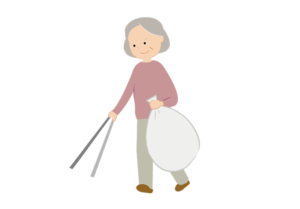 トングを使ってゴミ拾いをする年配女性のイラスト