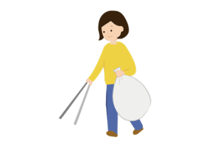 ゴミ拾い用のトングを使って清掃活動を行う女性のイラスト