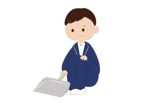 座ってチリトリを持った男子生徒のイラスト