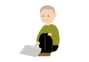 座ってチリトリを持つ年配男性のイラスト