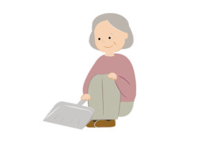 座ってチリトリを持つ年配女性を描いたイラスト