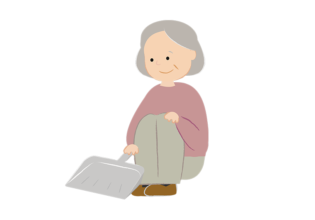 座ってチリトリを持つ年配女性を描いたイラスト