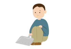 座ってチリトリを持つ男性を描いたイラスト