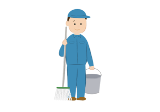 モップとバケツを持った男性清掃員のイラスト