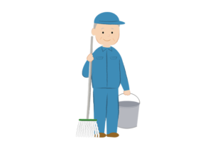モップとバケツを持った年配の男性清掃員のイラスト