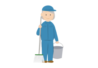 モップとバケツを持った年配の女性清掃員のイラスト