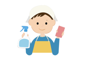 スプレー洗剤とスポンジを持つ男性のイラスト