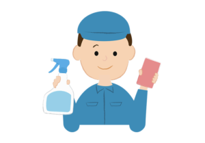 スプレー洗剤とスポンジを持つ男性清掃員のイラスト