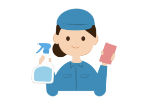 スプレー洗剤とスポンジを持つ女性清掃員のイラスト