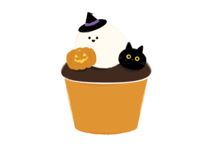 ハロウィンの飾り付けをしたカップマフィンのイラスト
