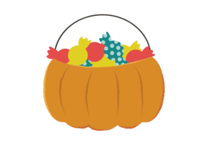 かぼちゃ型のカゴに入ったキャンディのイラスト