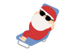 サングラスをかけて、ビーチでくつろぐサンタクロースのイラスト