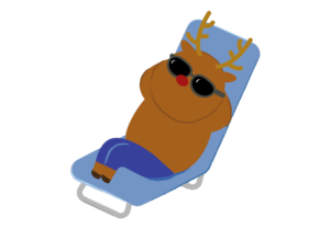 サングラスをかけて、ビーチでくつろぐトナカイのイラスト