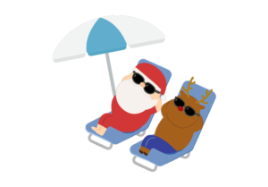 ビーチでくつろぐサンタクロースとトナカイのイラスト